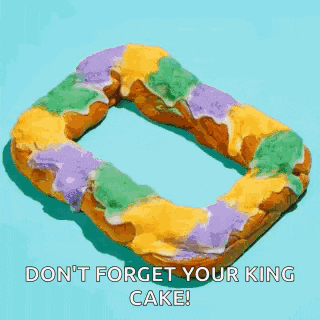 a king cake on a blue background with the words `` do n't forget your king cake '' written on it .