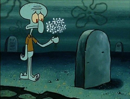 squidward from spongebob squarepants stands in front of a grave