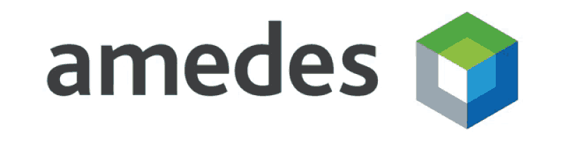a logo for amedes with a green and blue cube