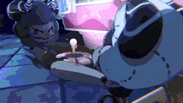 a cartoon character is playing a video game with a microphone