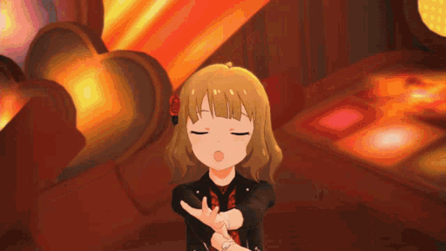 a girl with her eyes closed and a red flower in her hair stands in front of a heart shaped object