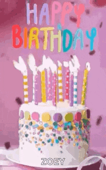 a birthday cake with candles and sprinkles on it is on a table .