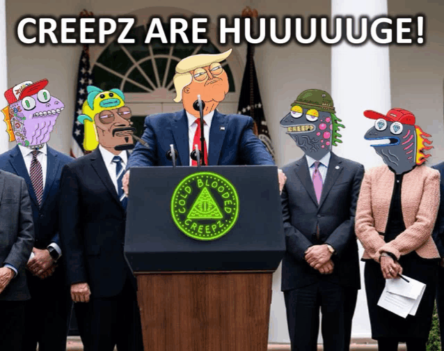 a group of people standing around a podium with creepz are huuuuge written on the top