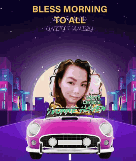 a cartoon of a woman in a car with the words bless morning to all unity family