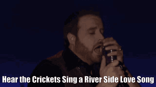 a man sings into a microphone with the words hear the crickets sing a river side love song below him