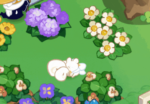 a cartoon rabbit is laying on the grass surrounded by flowers and leaves