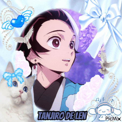 a picture of tanjiro de len is surrounded by a cat and birds