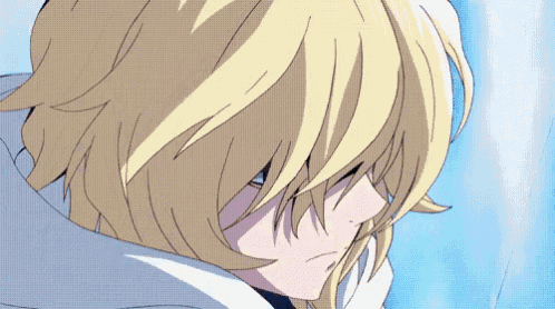 a close up of a anime character with blonde hair and blue eyes