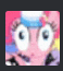 a close up of pinkie pie 's face with big eyes and a hat .