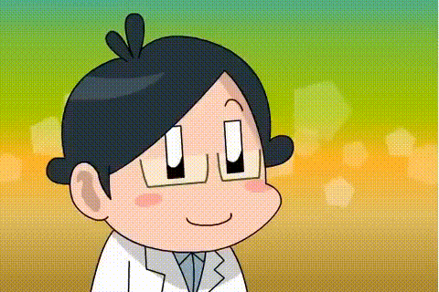 a cartoon character wearing glasses and a lab coat is smiling and looking at the camera .
