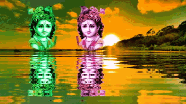 a painting of krishna and radha floating in the water at sunset