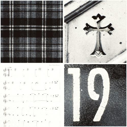 a black and white photo of a cross a sheet music and the number 19