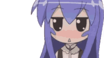 a close up of a cartoon girl with purple hair making a face .