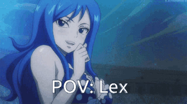 a picture of a girl with blue hair and the words pov lex on the bottom