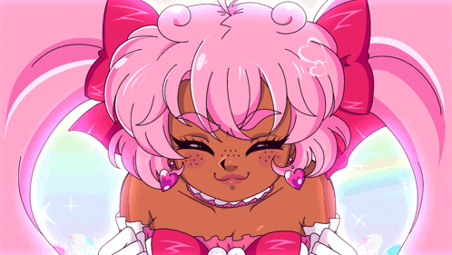 a cartoon drawing of a girl with pink hair and a bow