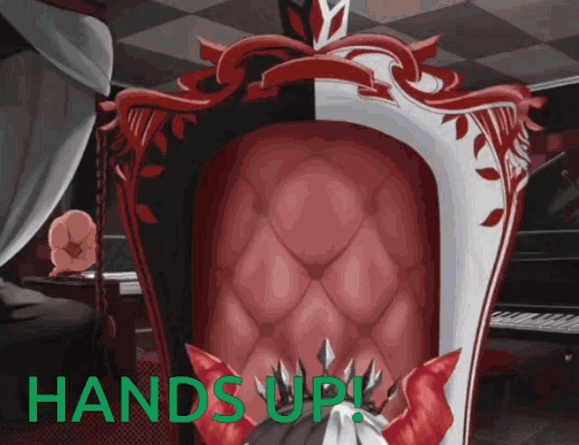 a red and white chair with the words hands up in green letters