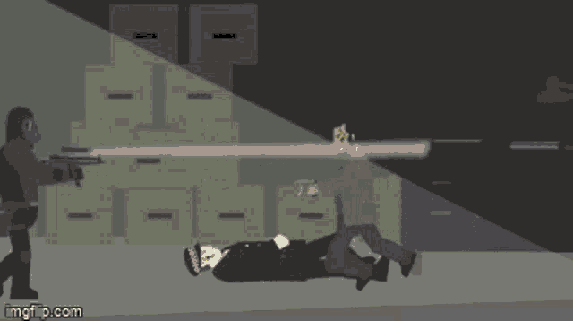 a cartoon of a police officer laying on the ground being attacked by two men .