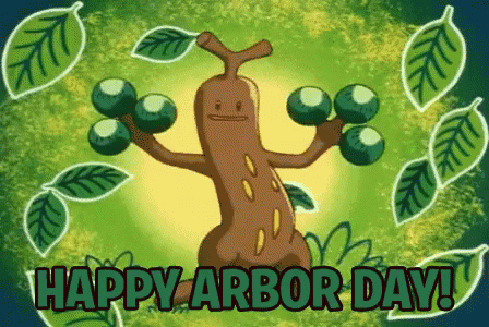 a happy arbor day greeting with a cartoon tree and leaves
