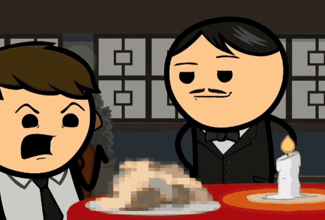 two cartoon characters are sitting at a table with a candle