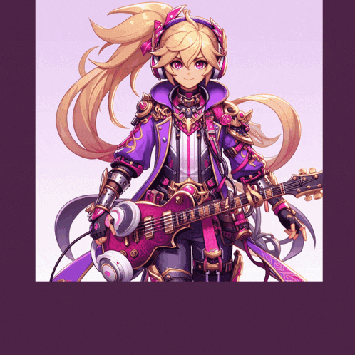 a girl with blonde hair is holding a pink guitar