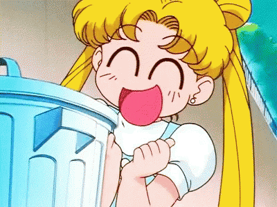 a girl is holding a trash can with her tongue out