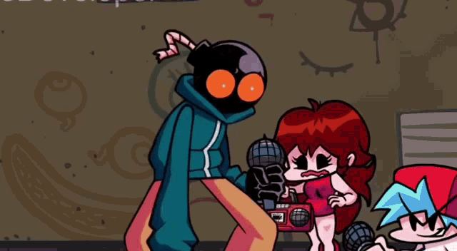 a couple of cartoon characters standing next to each other .