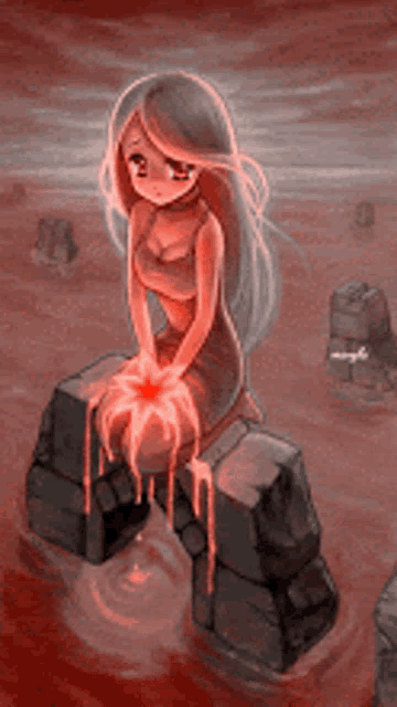 a drawing of a girl sitting on a rock with blood coming out of her hand