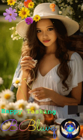 a woman wearing a white hat is surrounded by flowers and the words happy tasking
