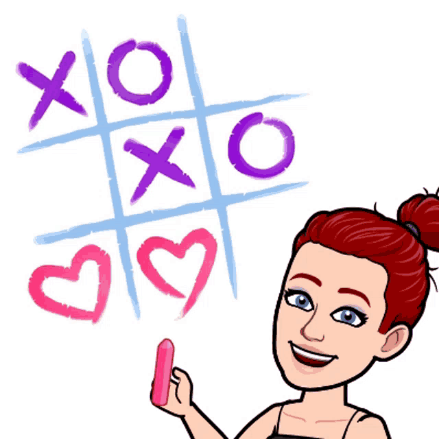 a cartoon of a girl playing tic tac toe with hearts