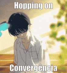 a cartoon of a boy sitting on a bench with the words hopping on convergencia written on the bottom