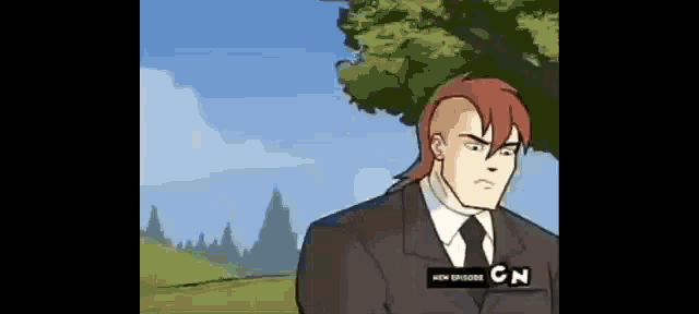 a man in a suit and tie is standing in a field with trees in the background .