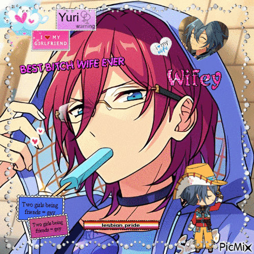 a picture of a man with purple hair and glasses with the words best bitch wife ever on it
