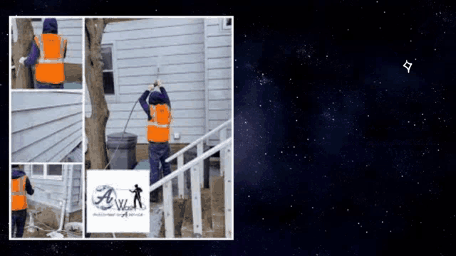 a collage of images shows a man cleaning a house and a logo for awl
