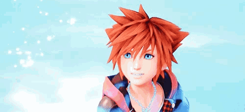 a cartoon character with red hair and blue eyes is smiling