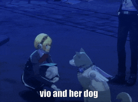 a man kneeling down next to a dog with the words vio and her dog below