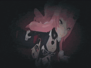 a cartoon character with pink hair is holding a knife .