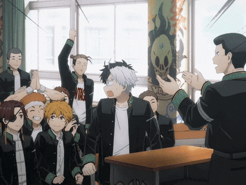 a group of anime characters are standing in a classroom and one of them has a shirt that says ' atomic '