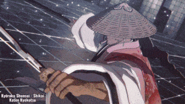 a man in a straw hat is holding a sword and says kyoraku shunsui shikai