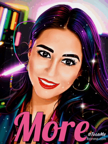 a picture of a woman with purple hair and the word more