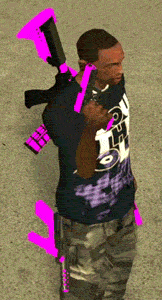 a man in a purple shirt with the letter h on it is holding two pink guns
