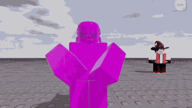 a purple cartoon character with a face that says ' uwu '