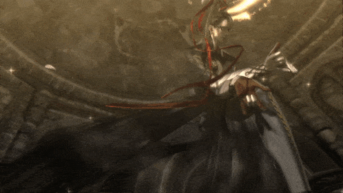a video game character is standing in a dark room with a light shining on her head