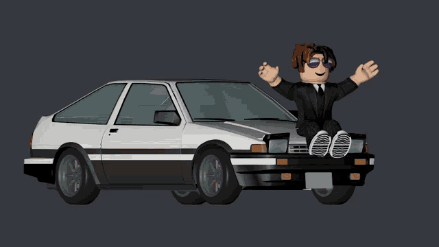 a cartoon character is sitting on the hood of a white car