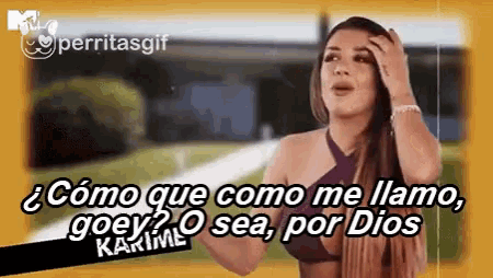 a woman in a purple top is holding her hair and says " como que como me llamo goey sea por dios "