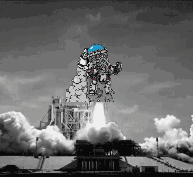 a cartoon drawing of a robot flying over a rocket