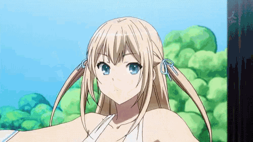 a blonde anime girl with blue eyes and pigtails looks at the camera