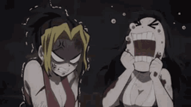 a couple of anime characters are standing next to each other with their mouths open and making funny faces .