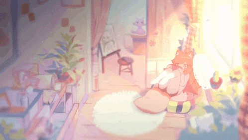 a cartoon drawing of a fox sitting on a rug
