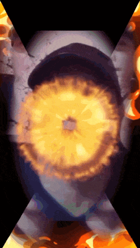 a close up of a person 's face with a pineapple slice in the middle
