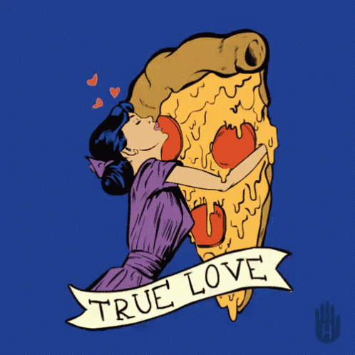 a cartoon of a woman hugging a slice of pizza with a banner that says true love on it